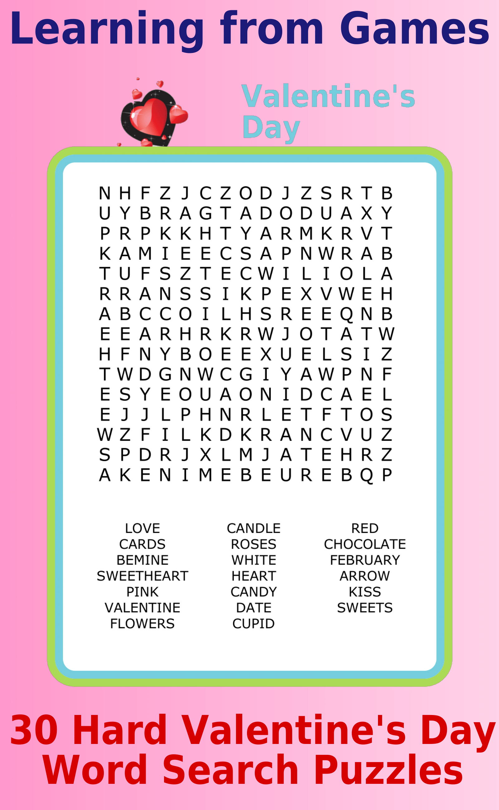 A 15x15 Valentine-themed word search puzzle