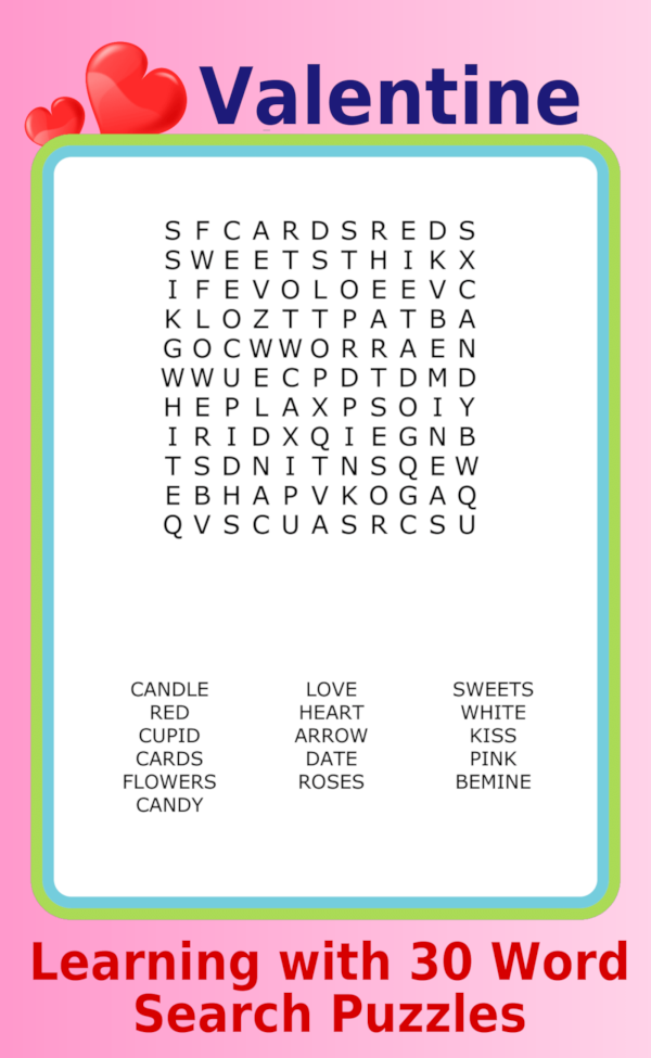 An 11x11 Valentine-themed word search puzzle