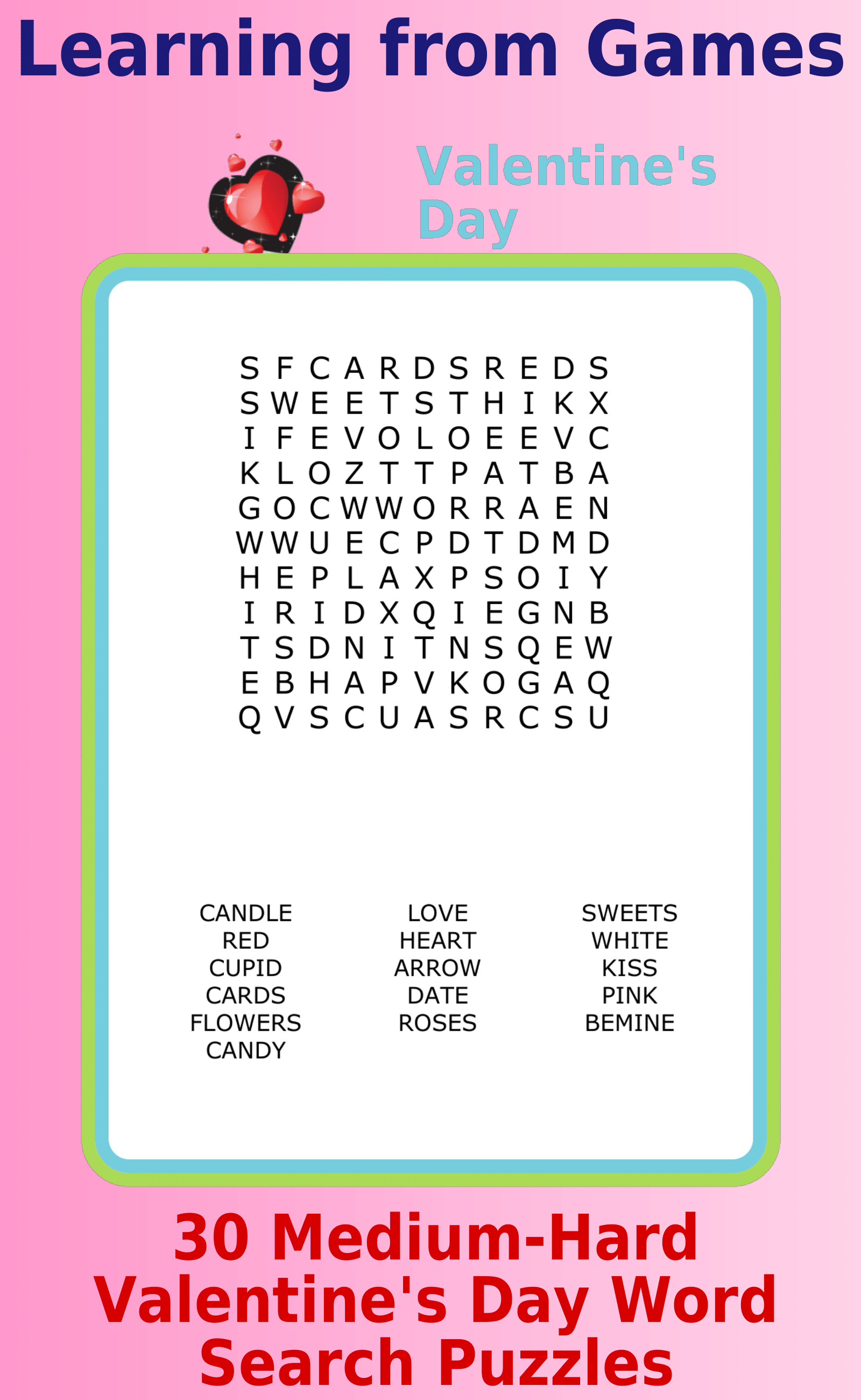 An 11x11 Valentine-themed word search puzzle