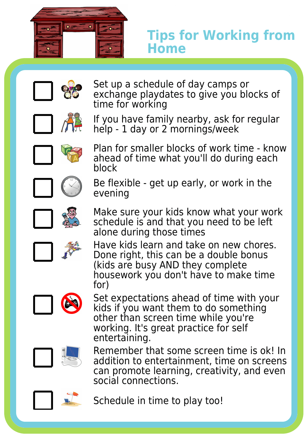 Picture checklist with 9 tips for parents working from home