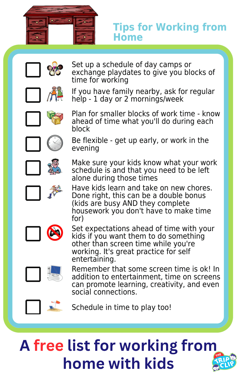 Picture checklist with 9 tips for parents working from home
