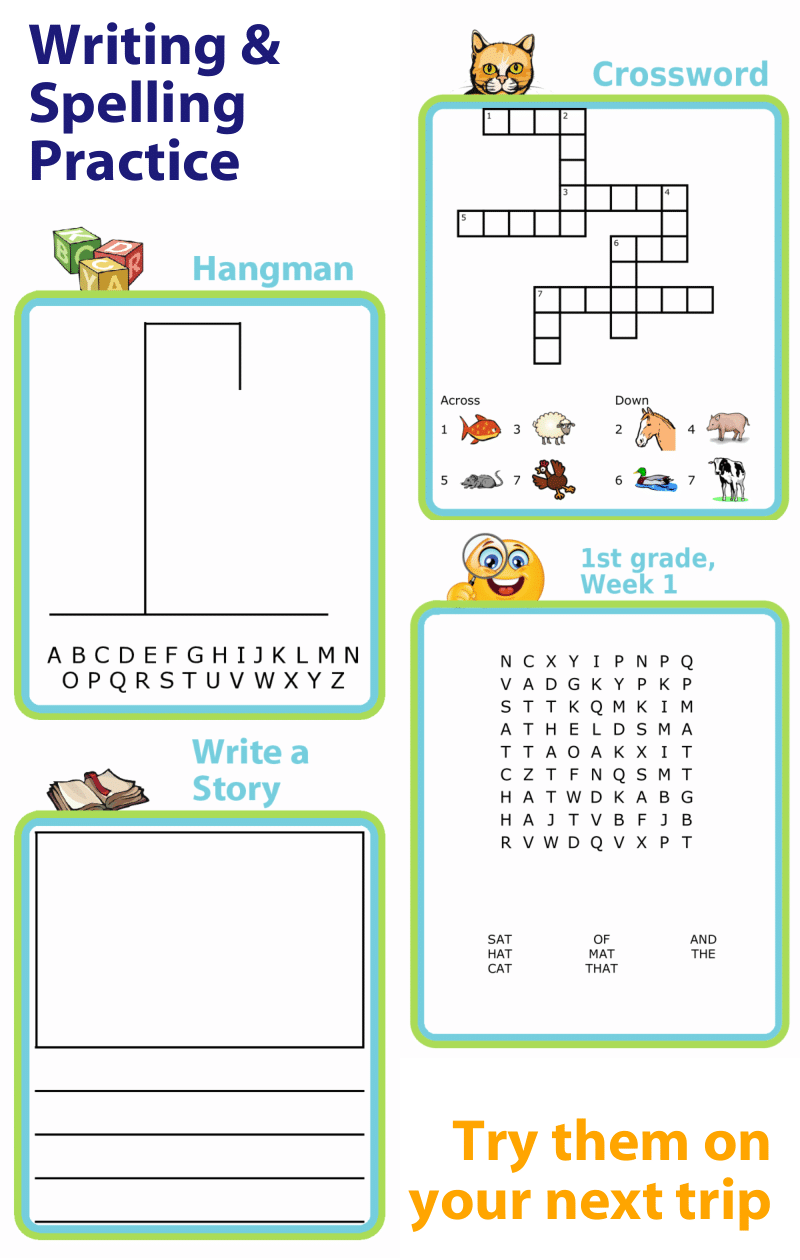 Writing and spelling practice: hangman, crossword puzzles, story templates, word search