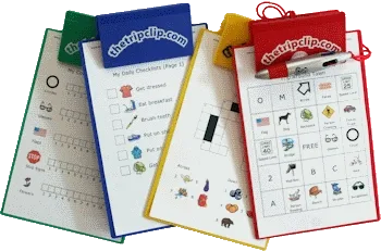 4 kid-sized clipboards (green, blue, yellow, red) with printed kid activities
