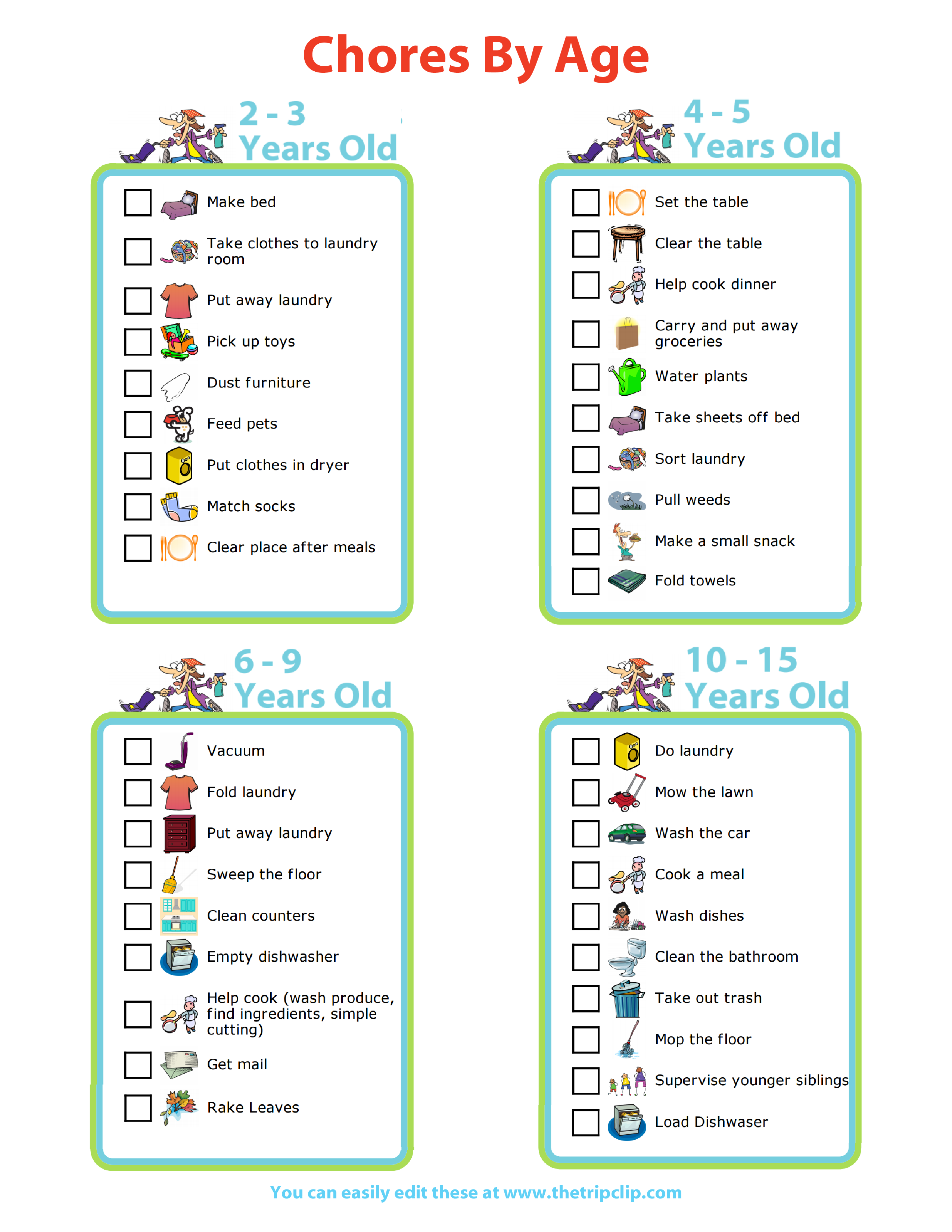 Picture checklists for chores separated by age of the child