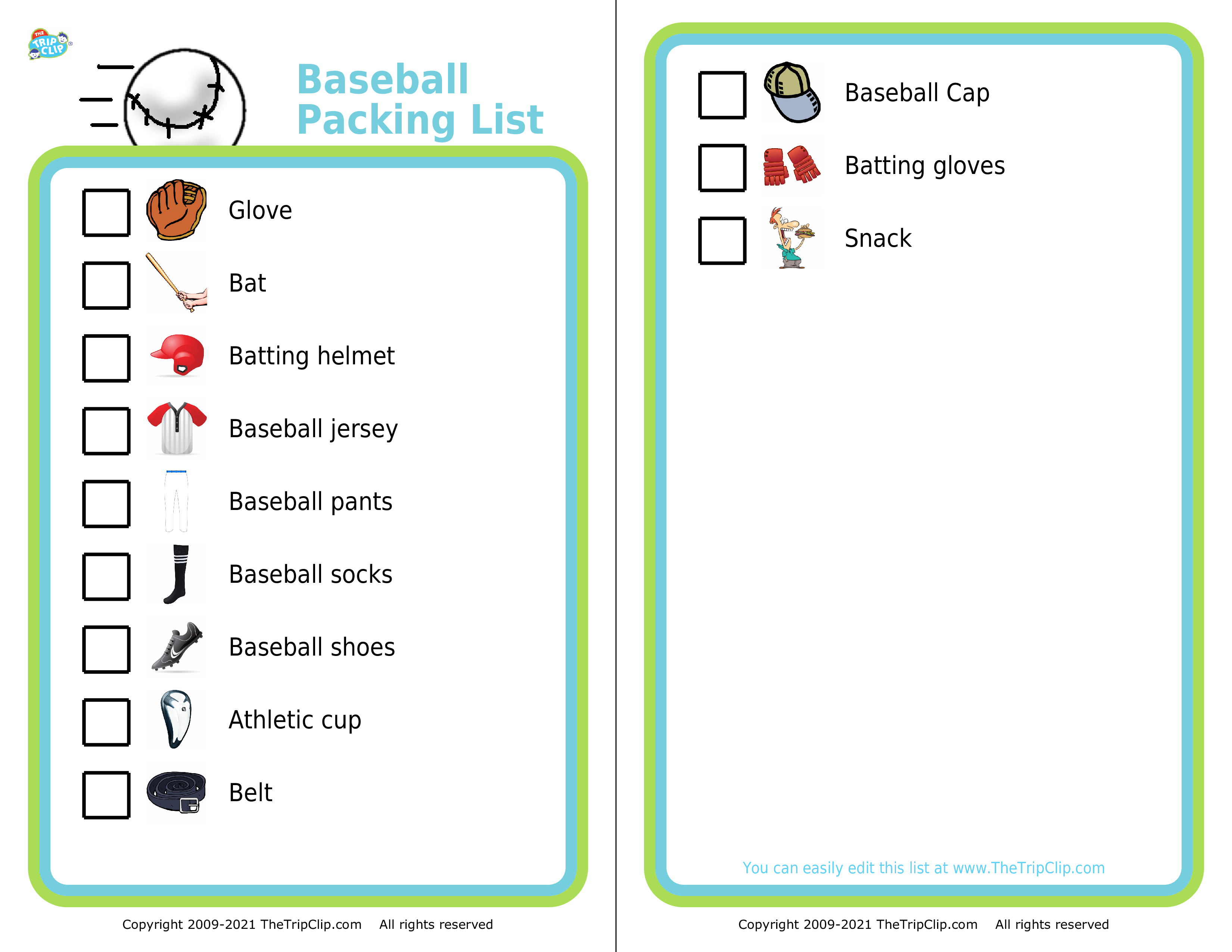 Picture checklist for making baseball packing list