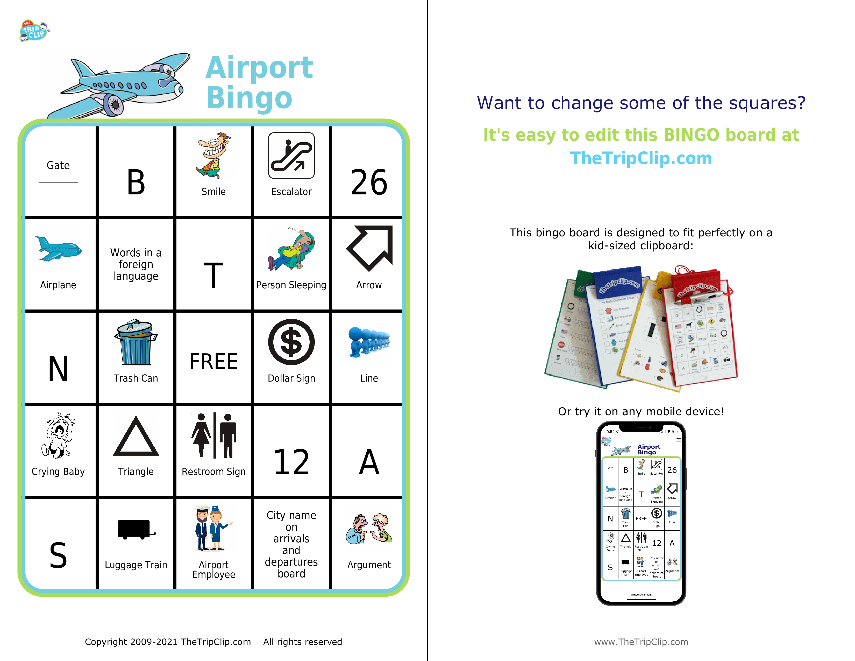 Bingo board with airplane at the top and title Airport Bingo