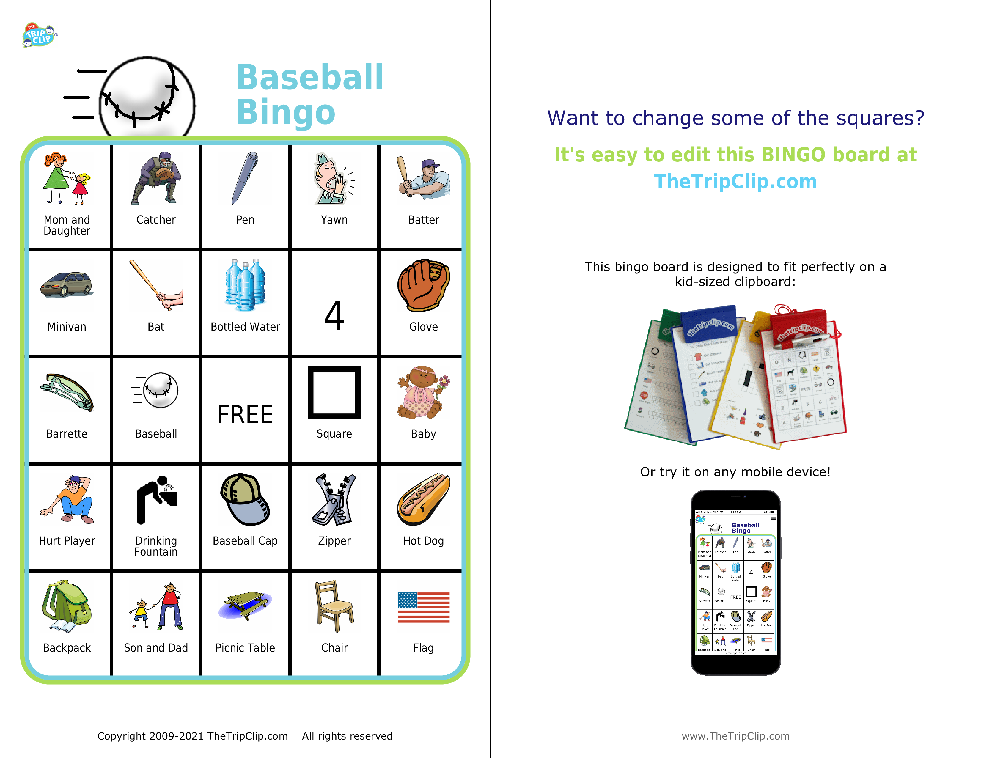 Bingo board with baseball at the top and titled Baseball Bingo