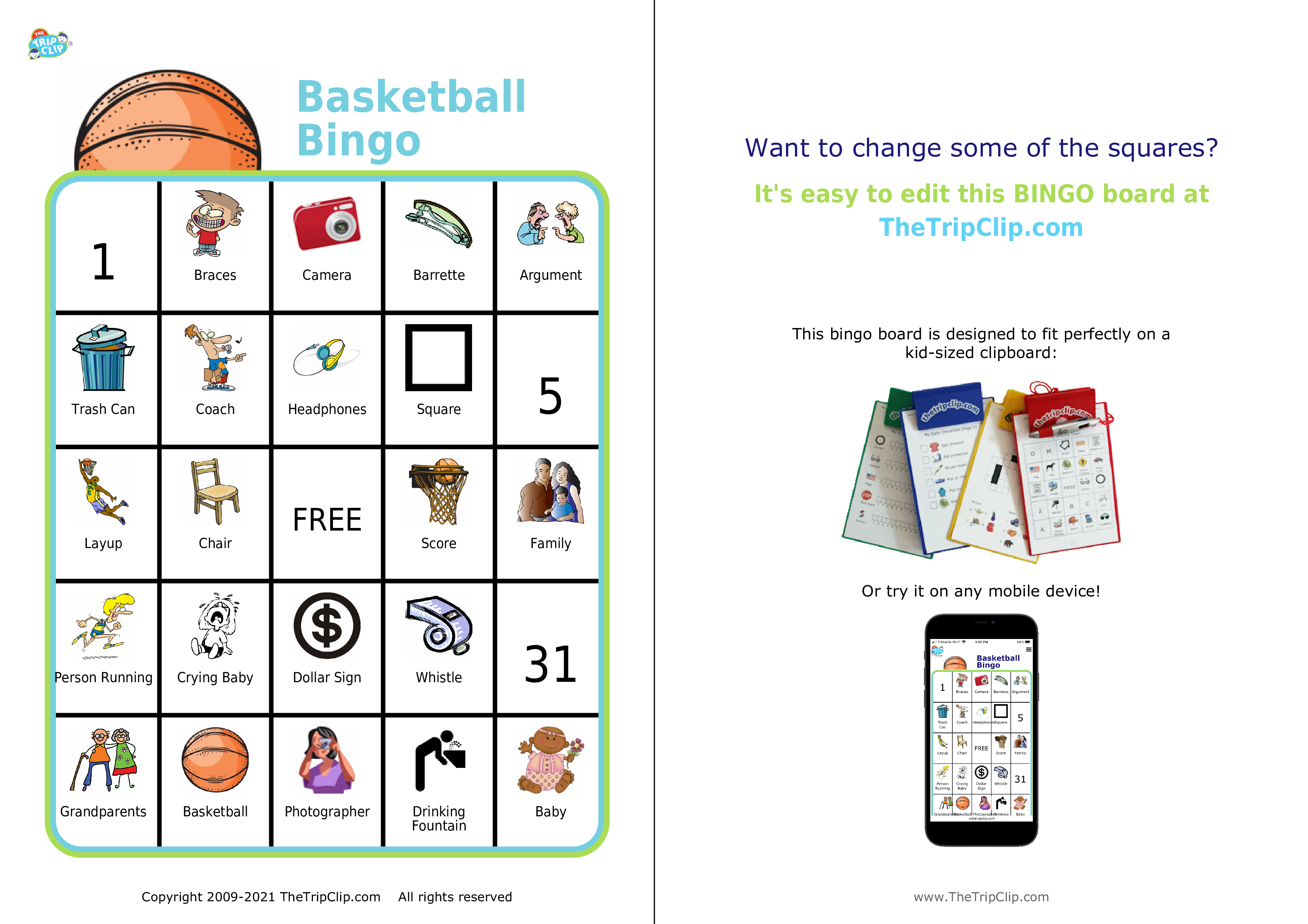 Bingo board with basketball at the top and titled Basketball Bingo