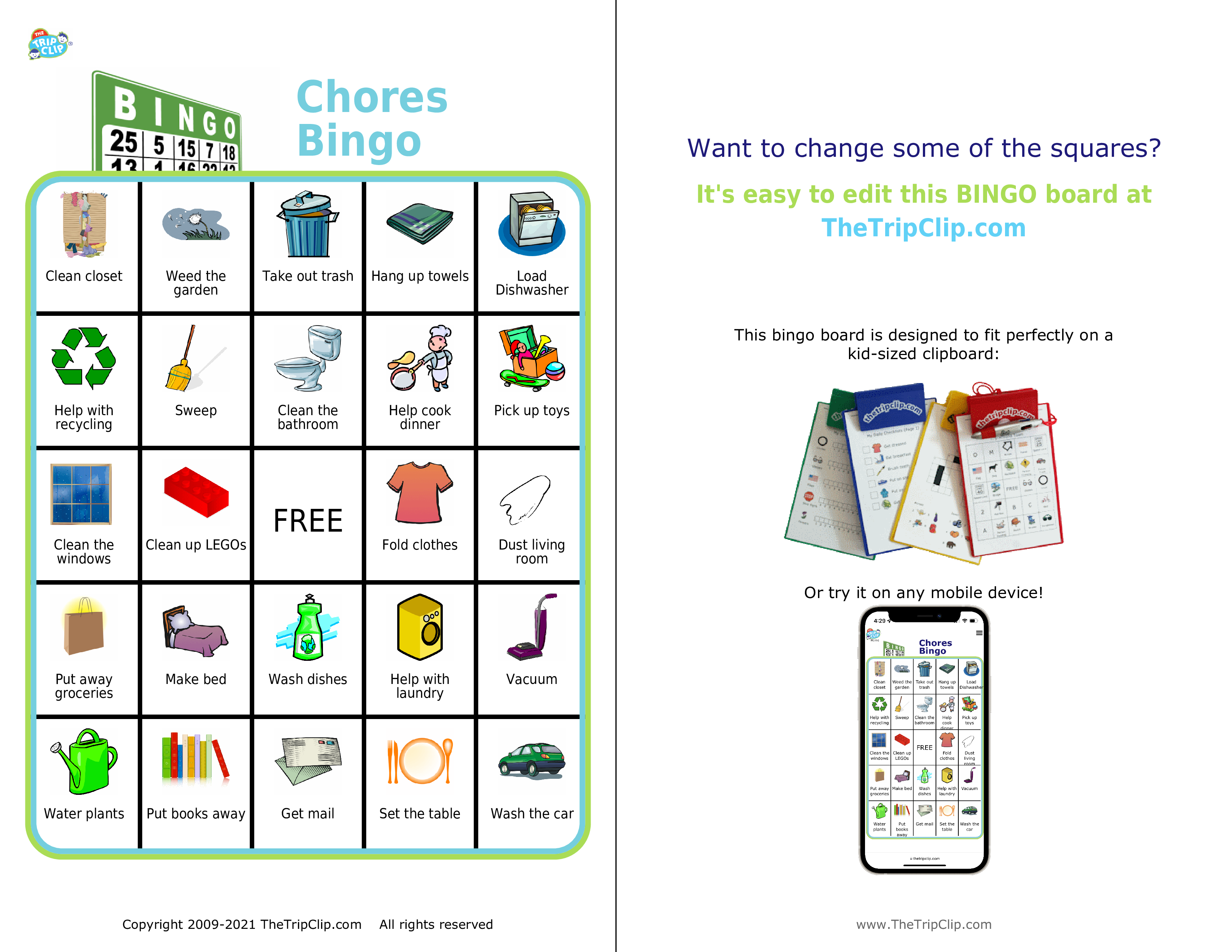 Bingo board with a person frantically cleaning at the top and titled Chores Bingo