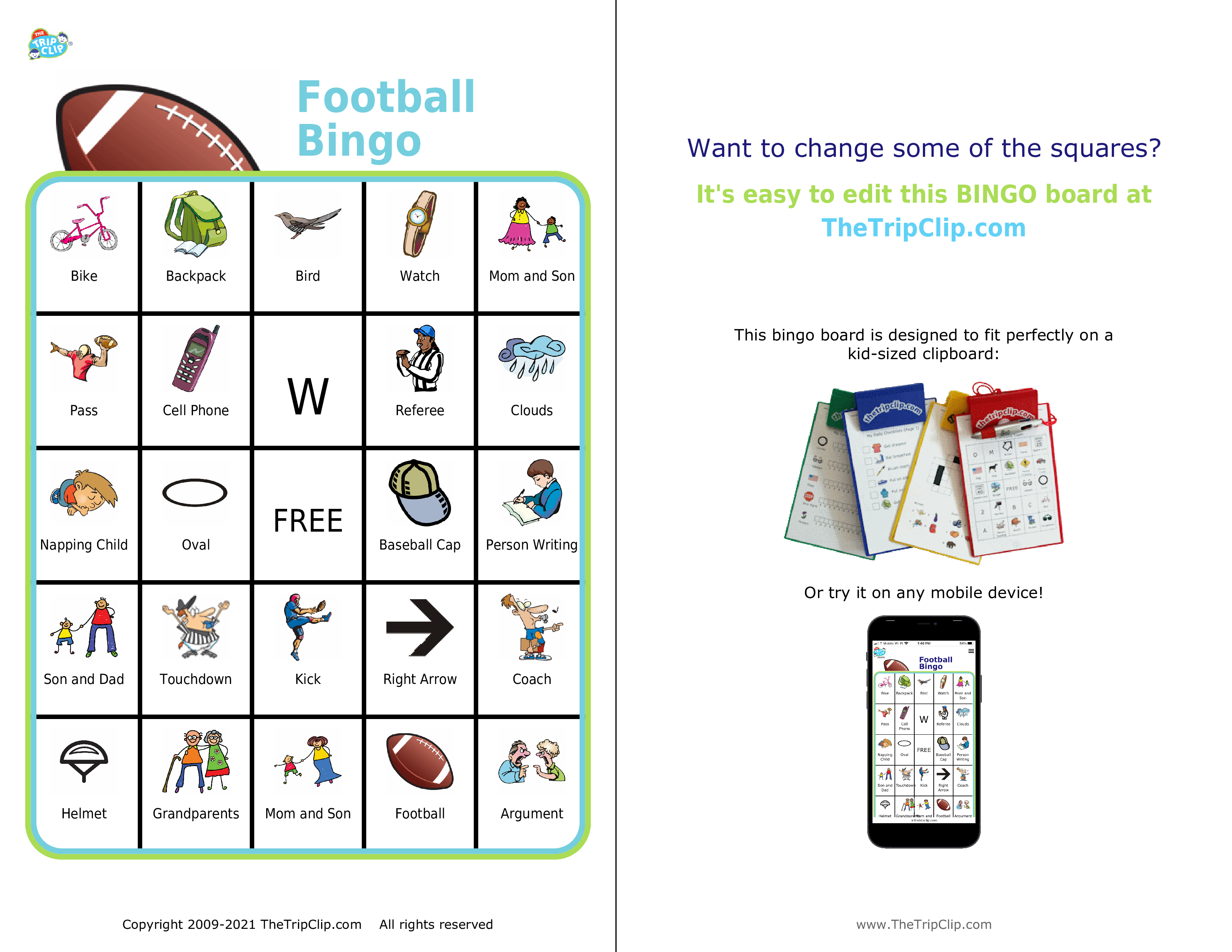 Bingo board with football at the top and titled Football Bingo
