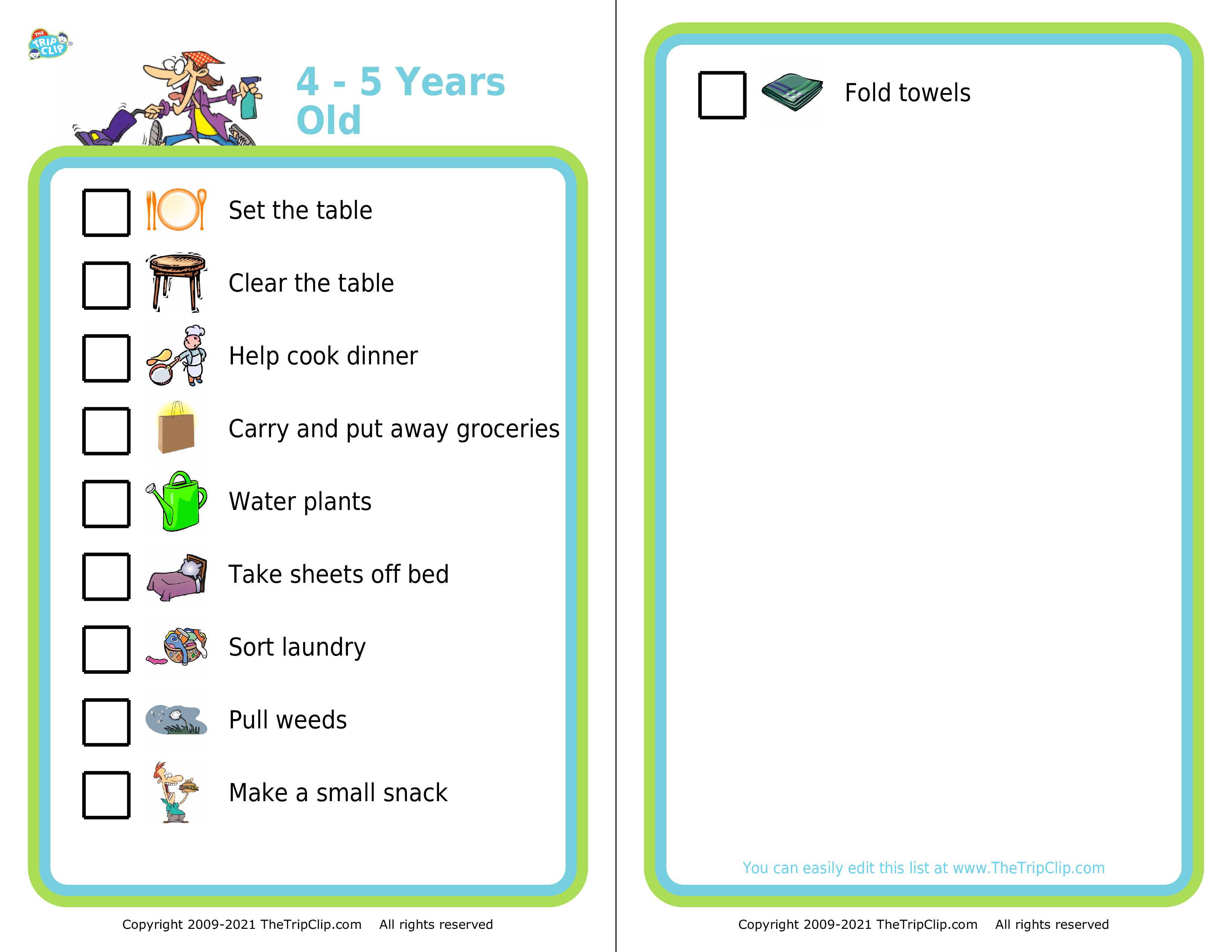 Picture checklist with chores appropriate for four to five year olds