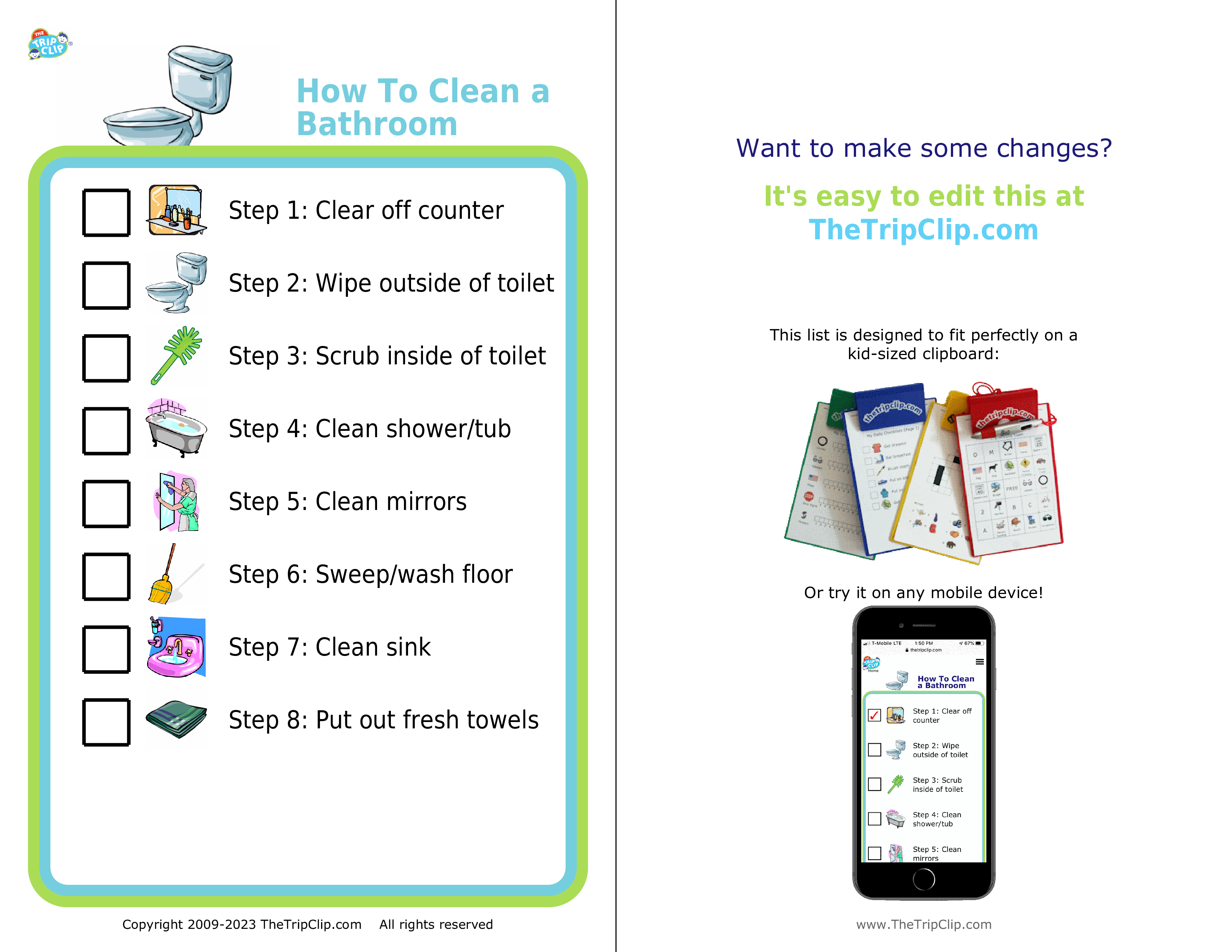 Picture checklists to teach a kid to clean a bathroom in 8 steps