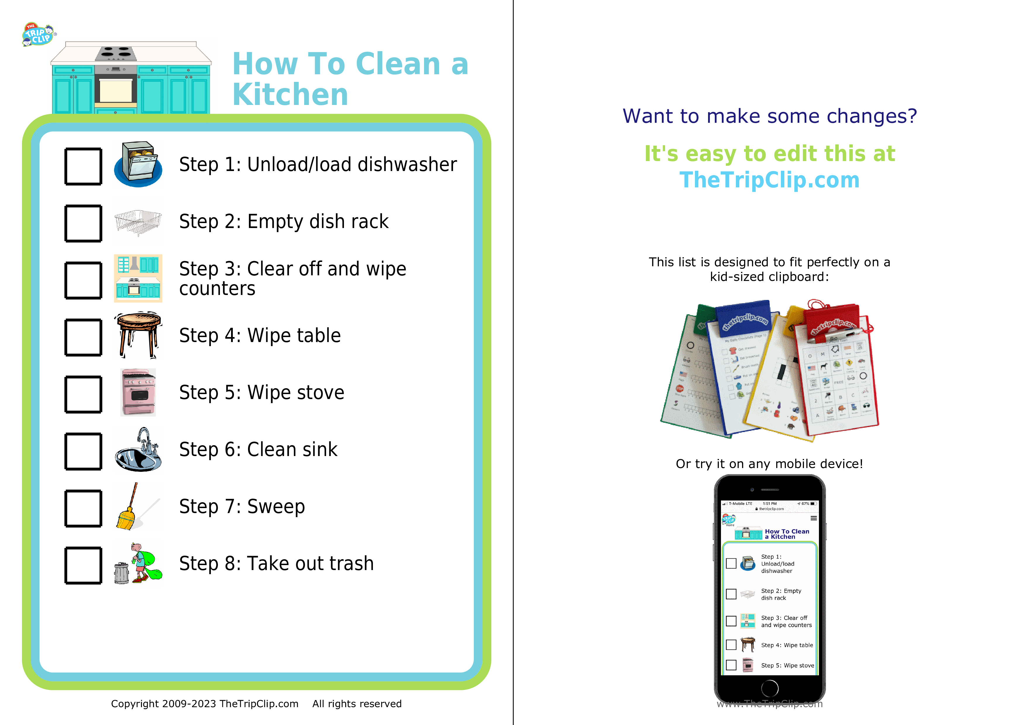 Picture checklists to teach a kid to clean a kitchen in 8 steps