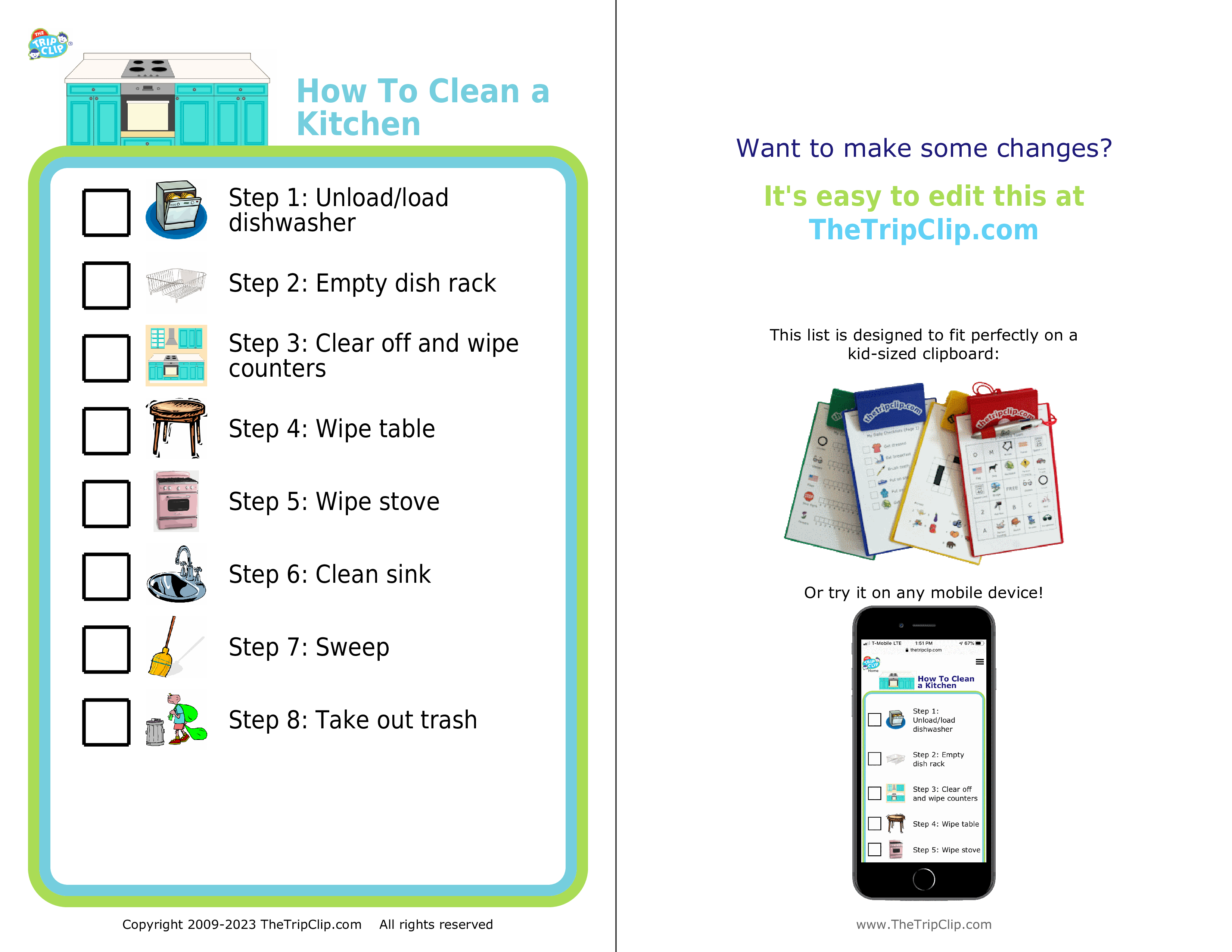 Picture checklists to teach a kid to clean a kitchen in 8 steps