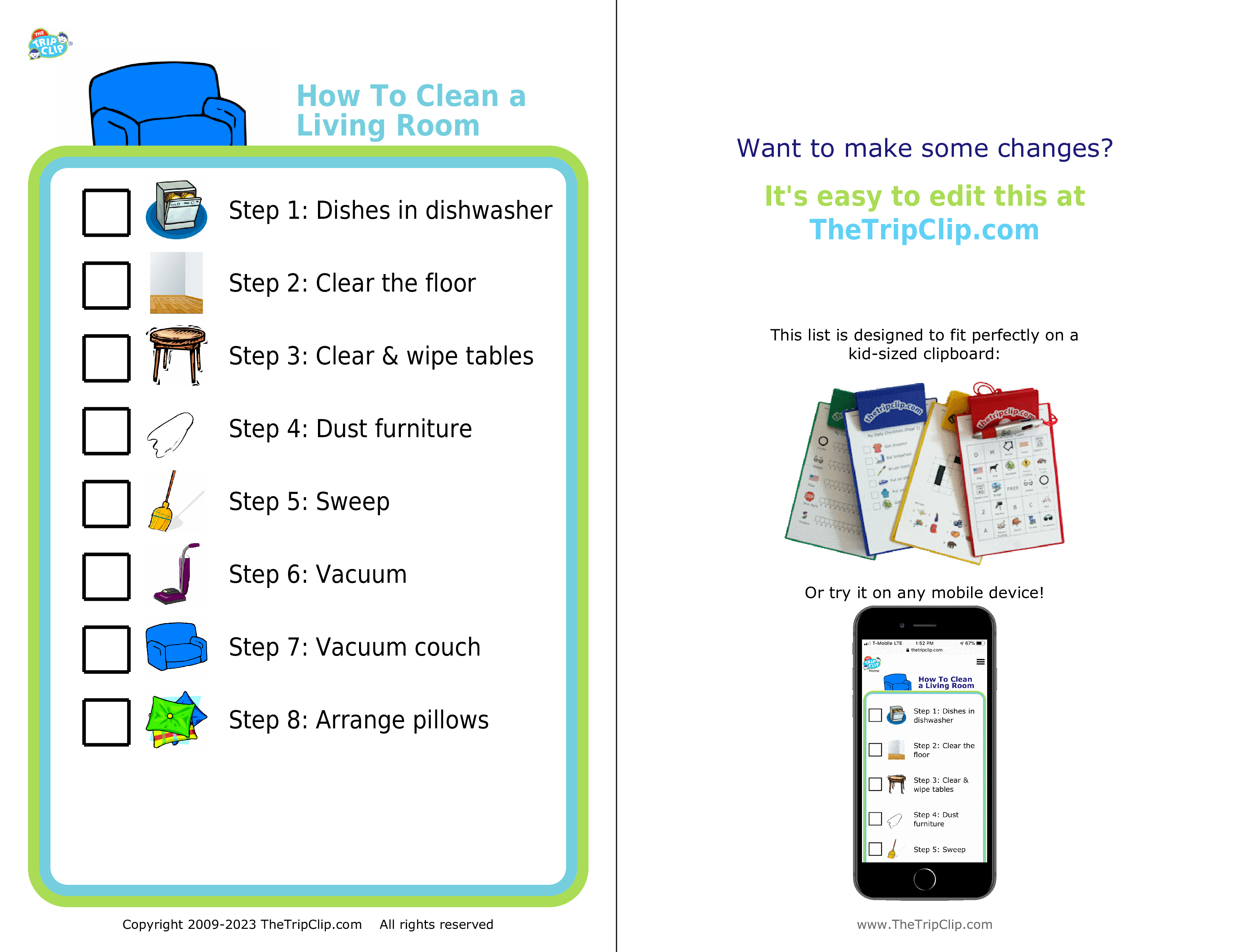 Picture checklists to teach kids to clean a living or dining room in 8 steps