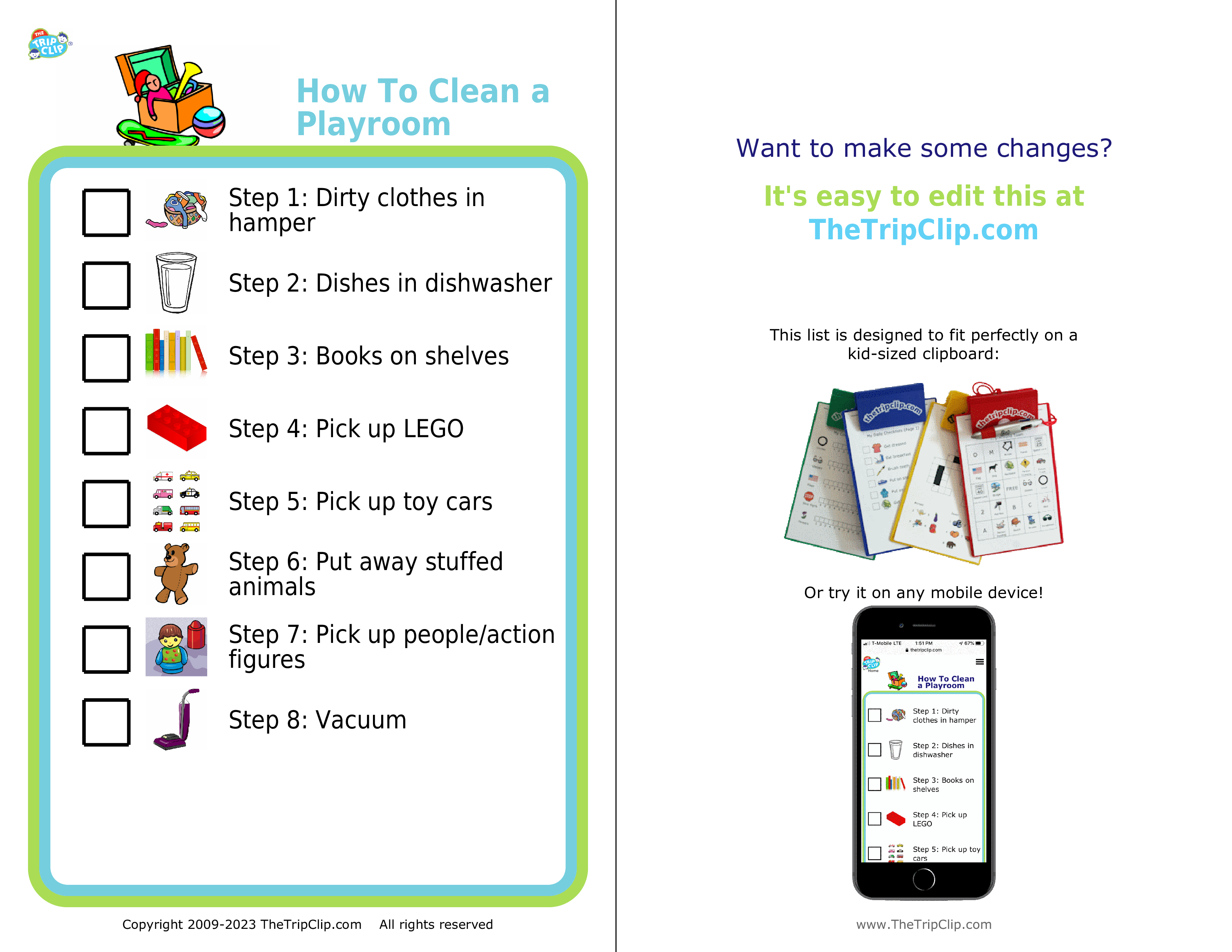 Picture checklists to teach a kid to clean a playroom in 8 steps