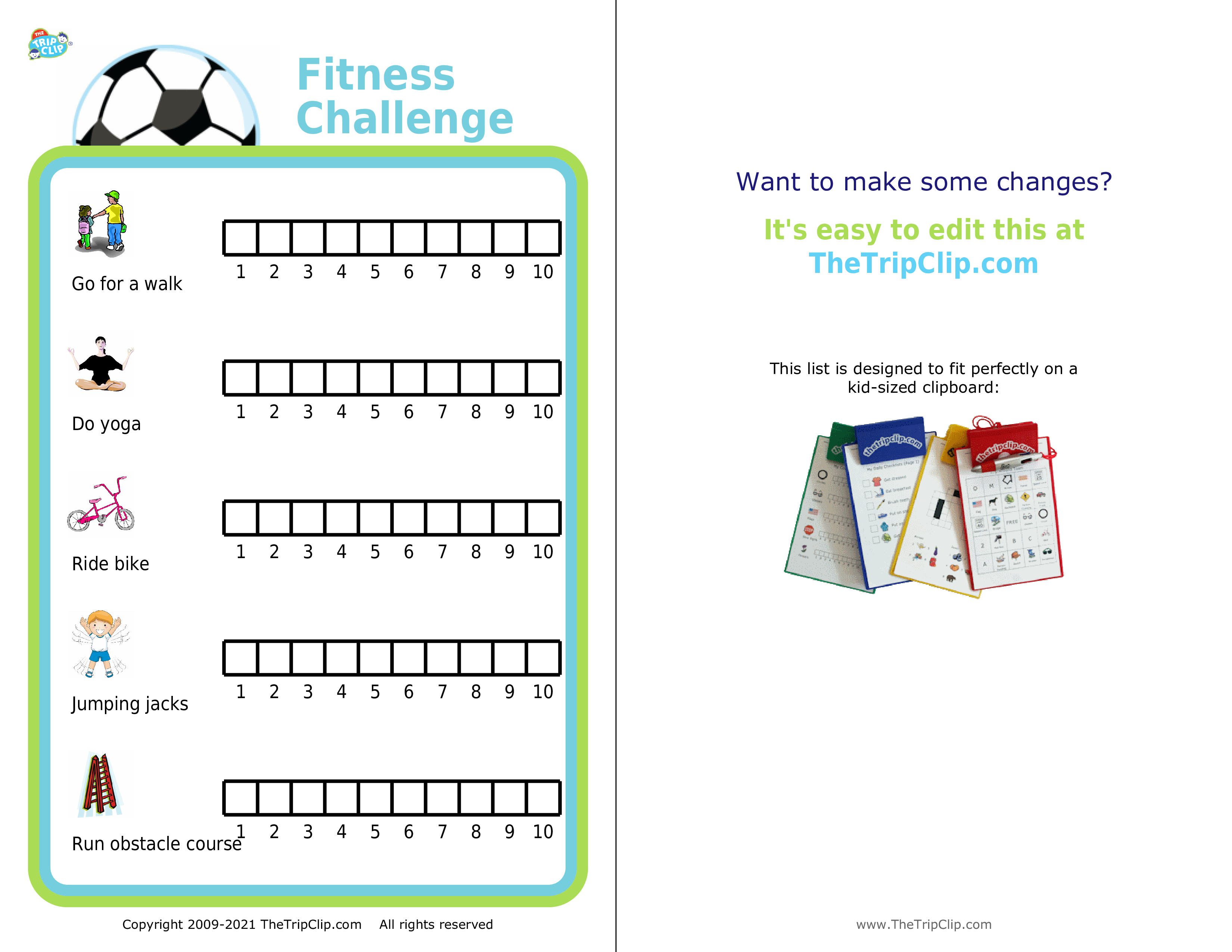 Fitness challenge printable lets you fill in a box each time you do a particular activity