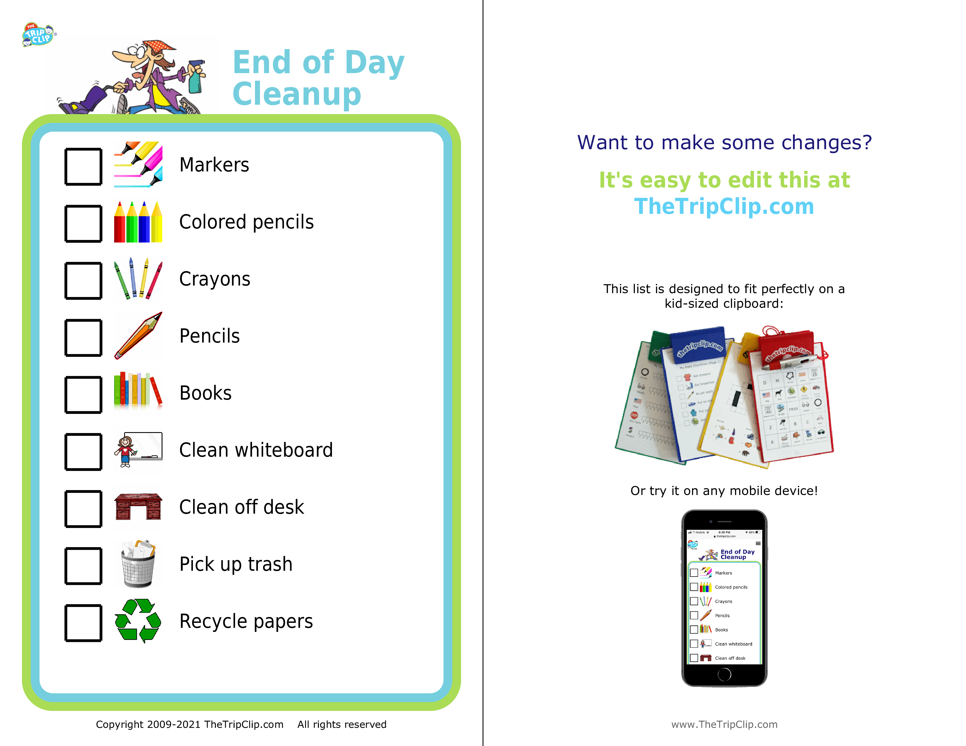 Picture checklist showing classroom items to clean up at the end of school