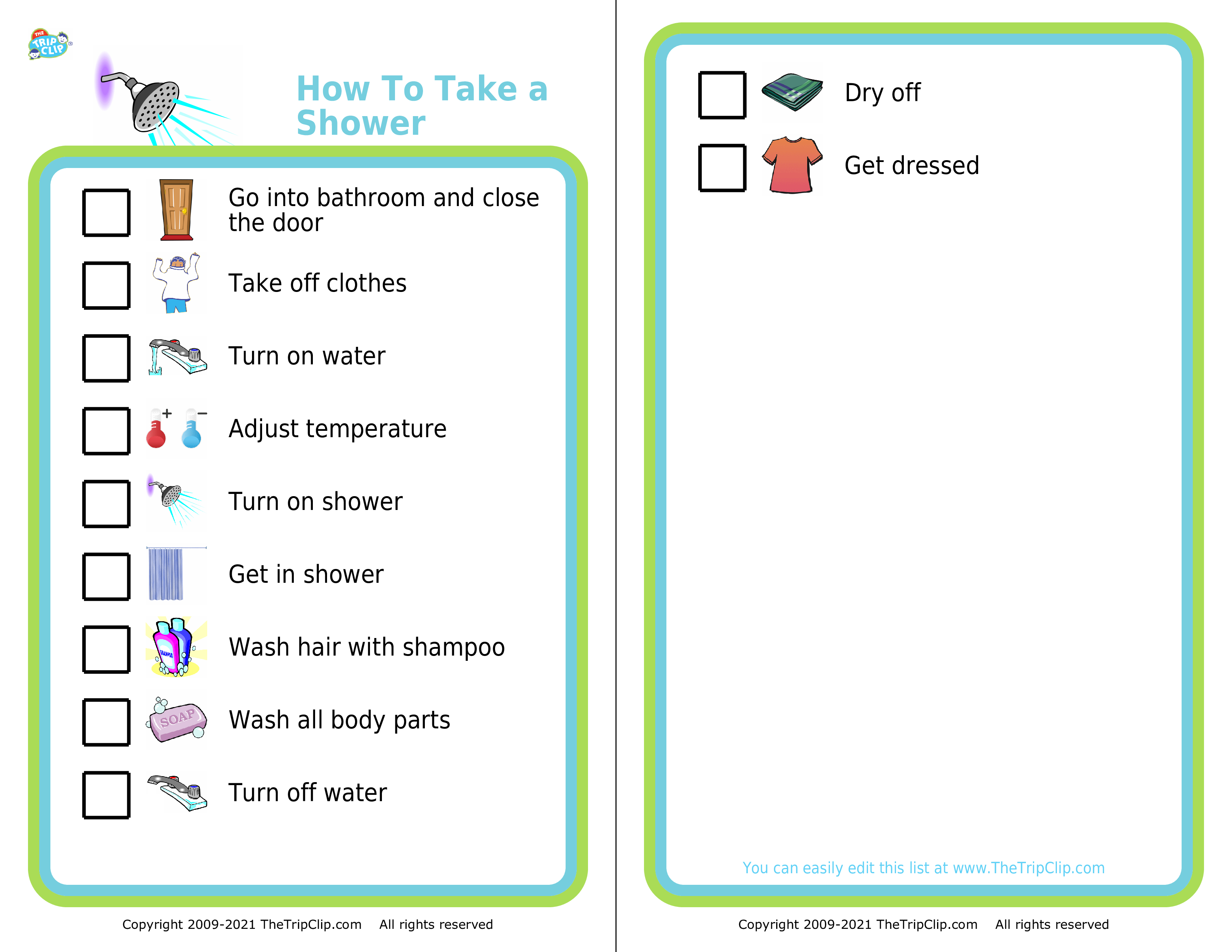 Picture checklist showing the steps for how to take a shower