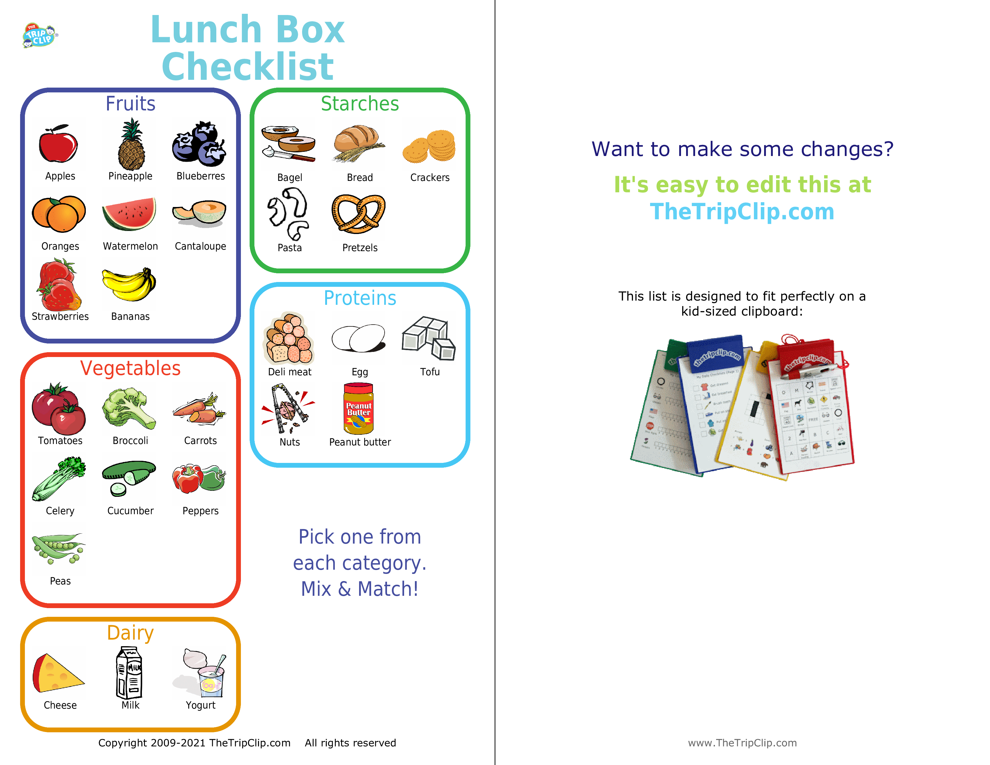 Picture checklist organized by food categories to help kids pack their own healthy lunch