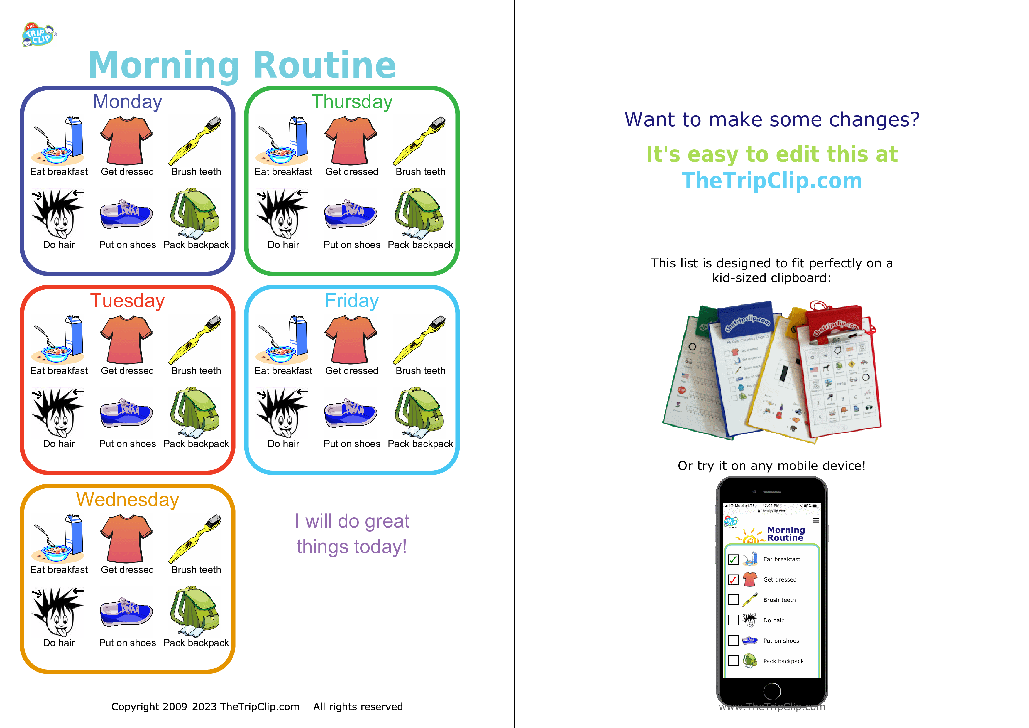 Morning routine picture checklist for kids, Monday - Friday