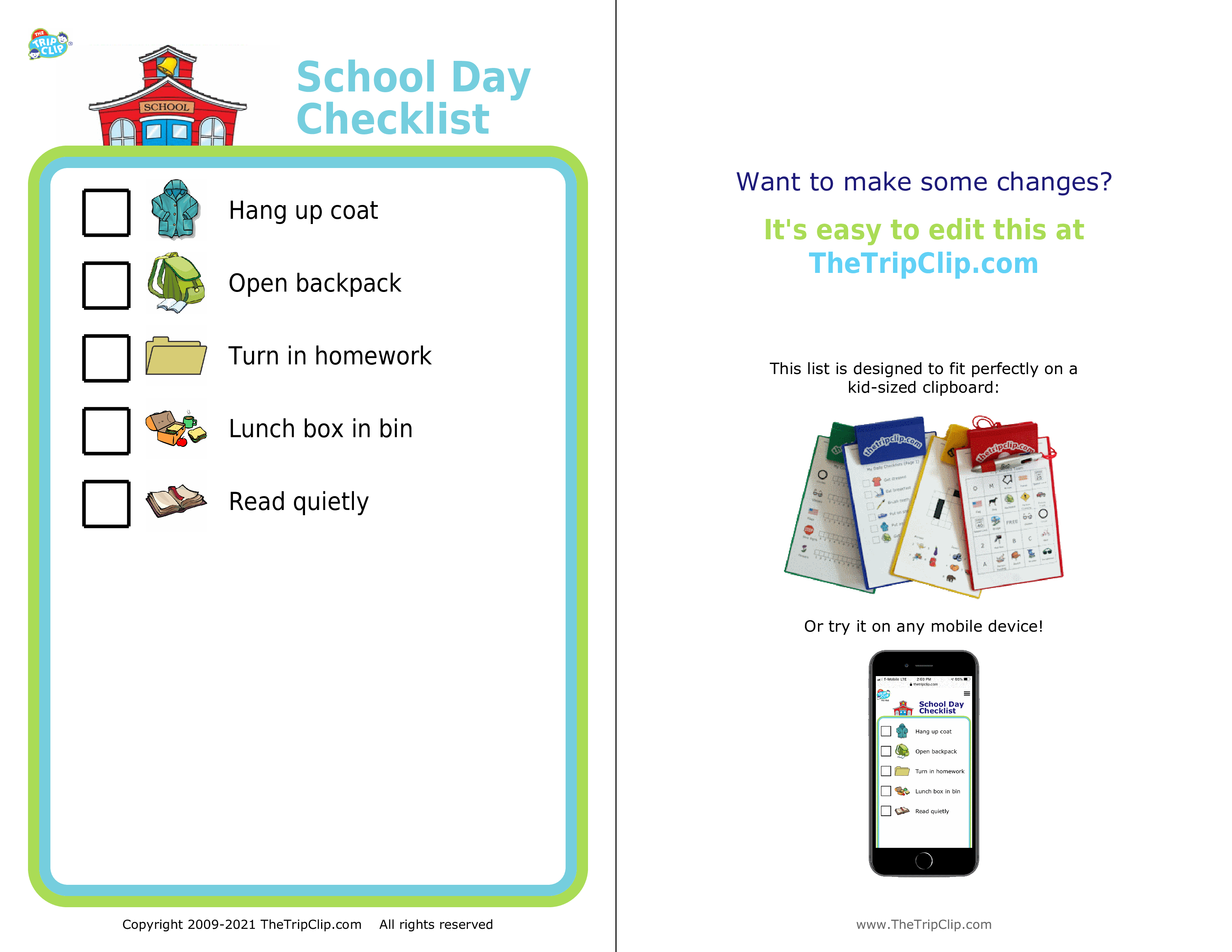 Picture checklist of a school day start checklist