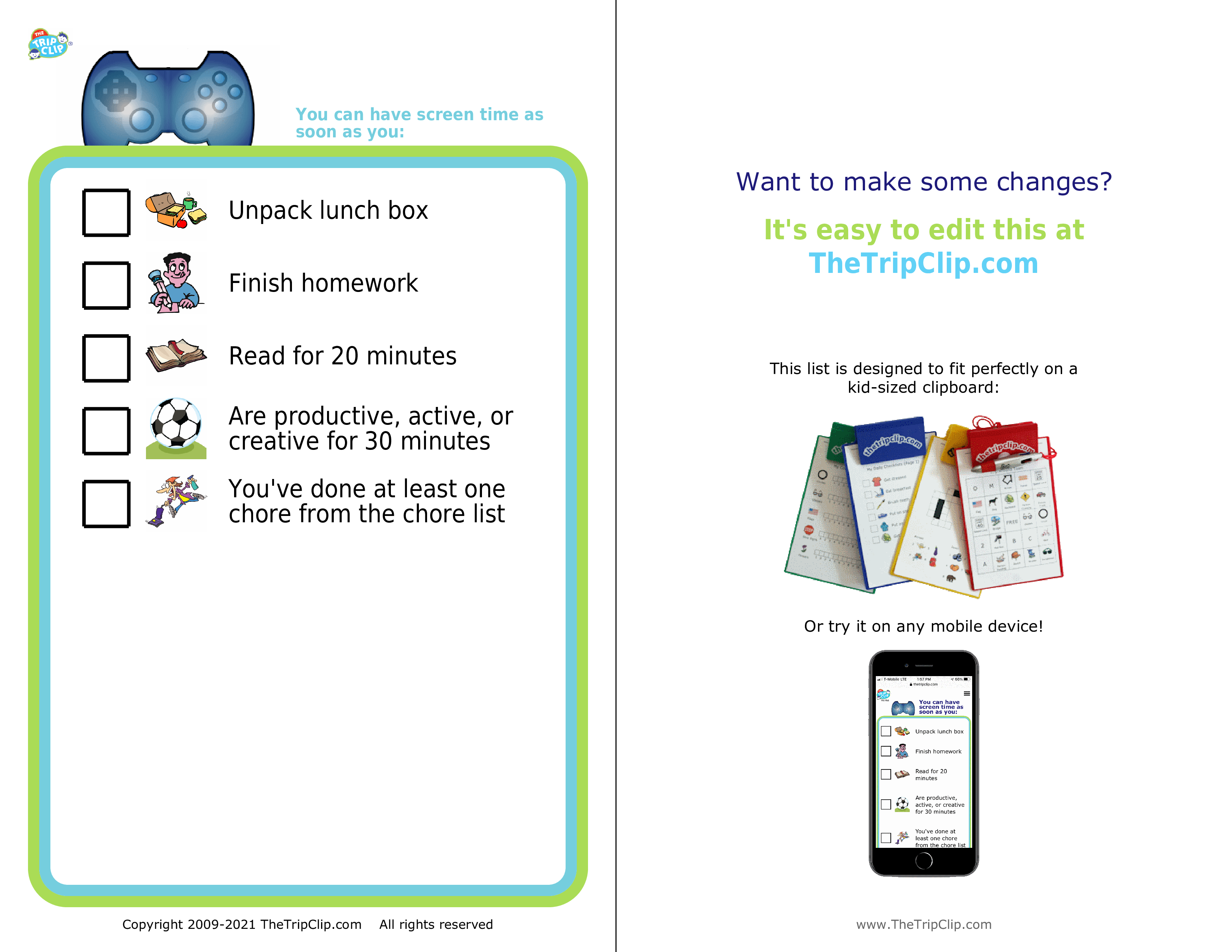 Picture checklist for after school screen time rules for kids