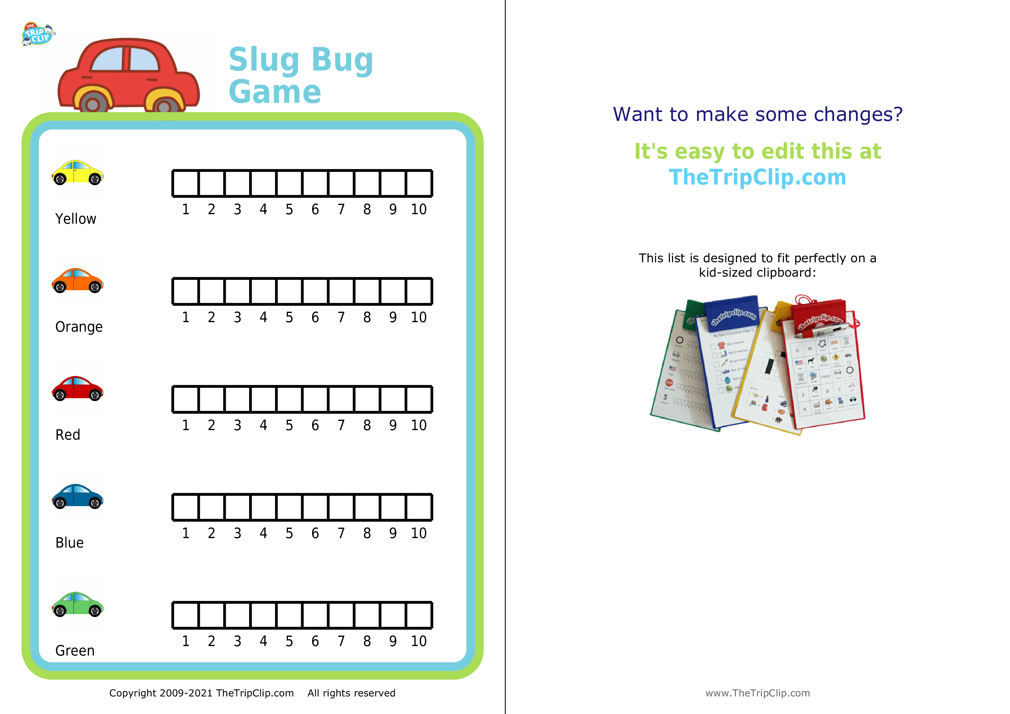 Slug bug game with simple graphing for kids