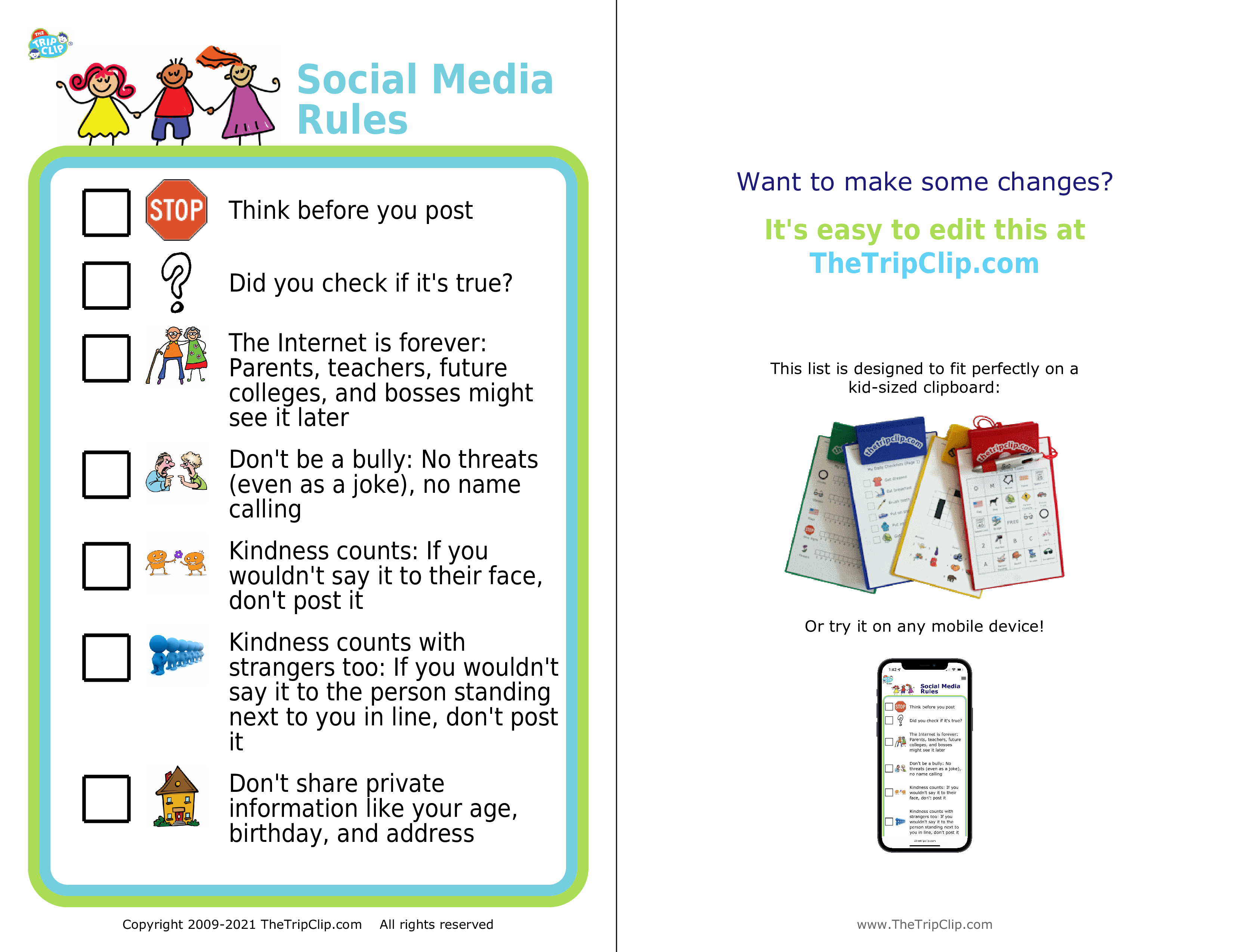 Picture checklist showing social media rules