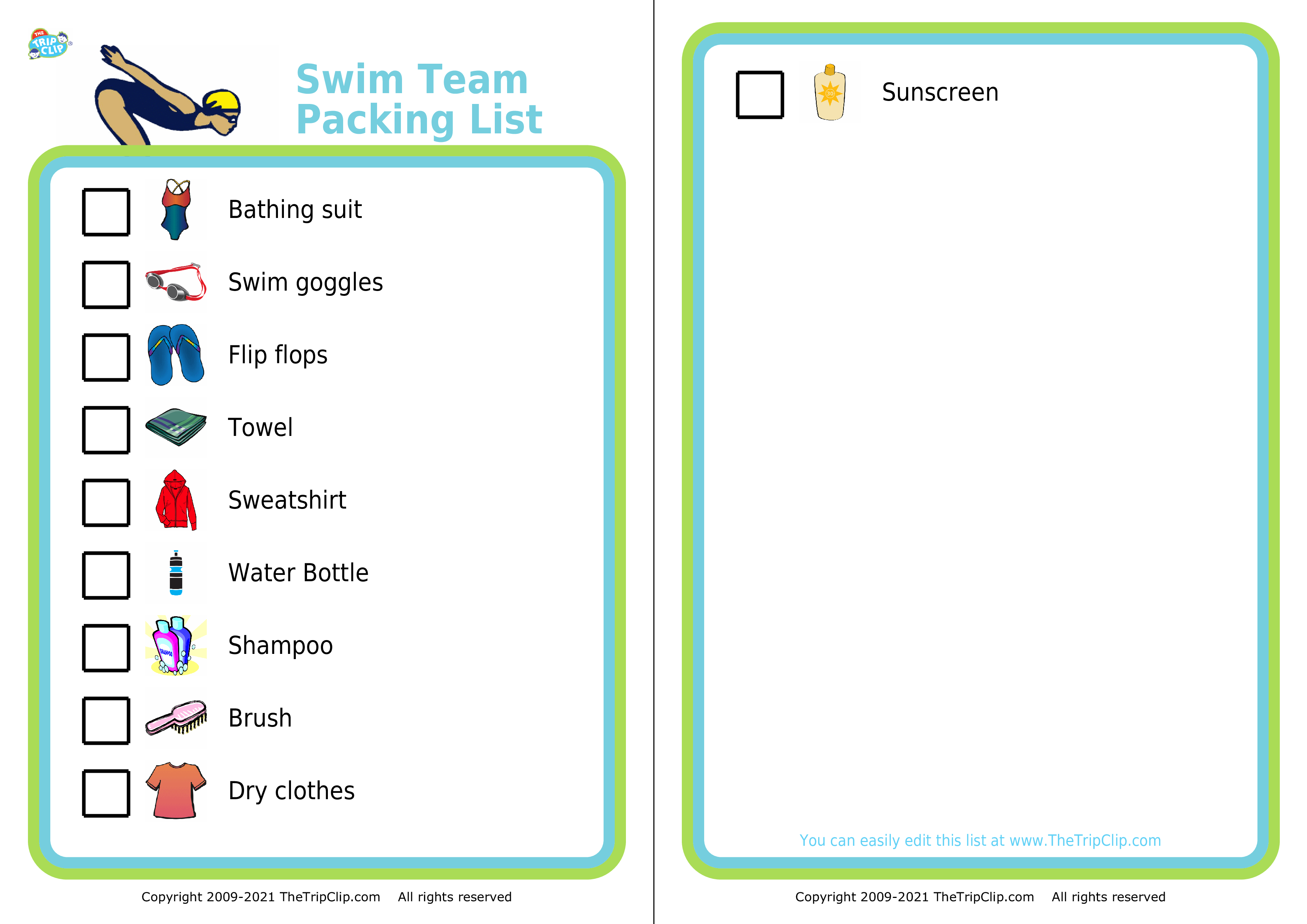 Picture checklist for making swim team packing list