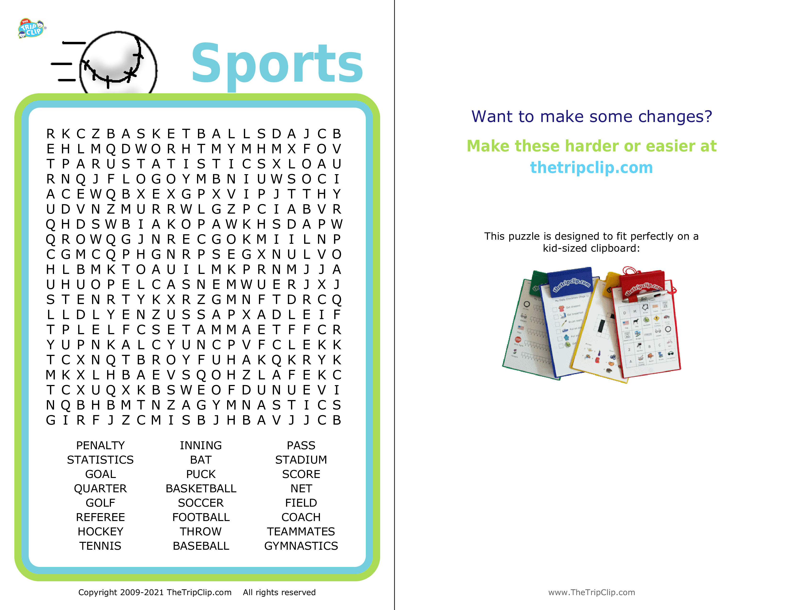 15x15 sports themed word search puzzles for kids