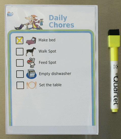 Picture chore chart in a magnetc plastic frame with dry erase marker