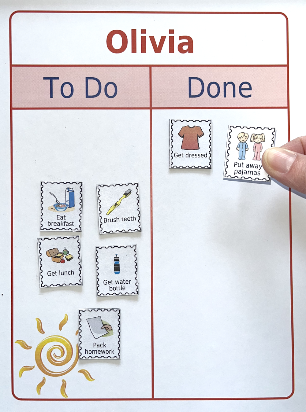 Make a personalized magnetic picture checklist for your kids. Print their name at the top, and choose the pictures and text for each magnet.