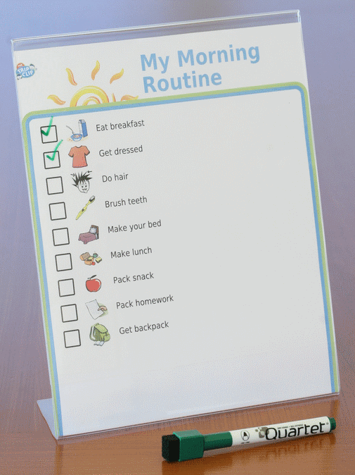 Bedtime routine picture checklist in a 5x7 plastic frame with dry erase marker