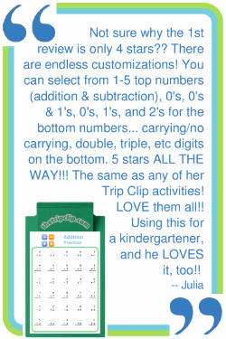 Not sure why the 1st review is only 4 stars?? There are endless customizations! You can select from 1-5 top numbers (addition & subtraction), 0's, 0's & 1's, 0's, 1's and 2's for the bottom numbers... carrying/no carrying, double, triple, etc digits on the bottom. 5 stars ALL THE WAY!!! The same as any of her Trip Clip activities! LOVE them all! Using this for a kindergartner, and he LOVES it, too!! -- Julia