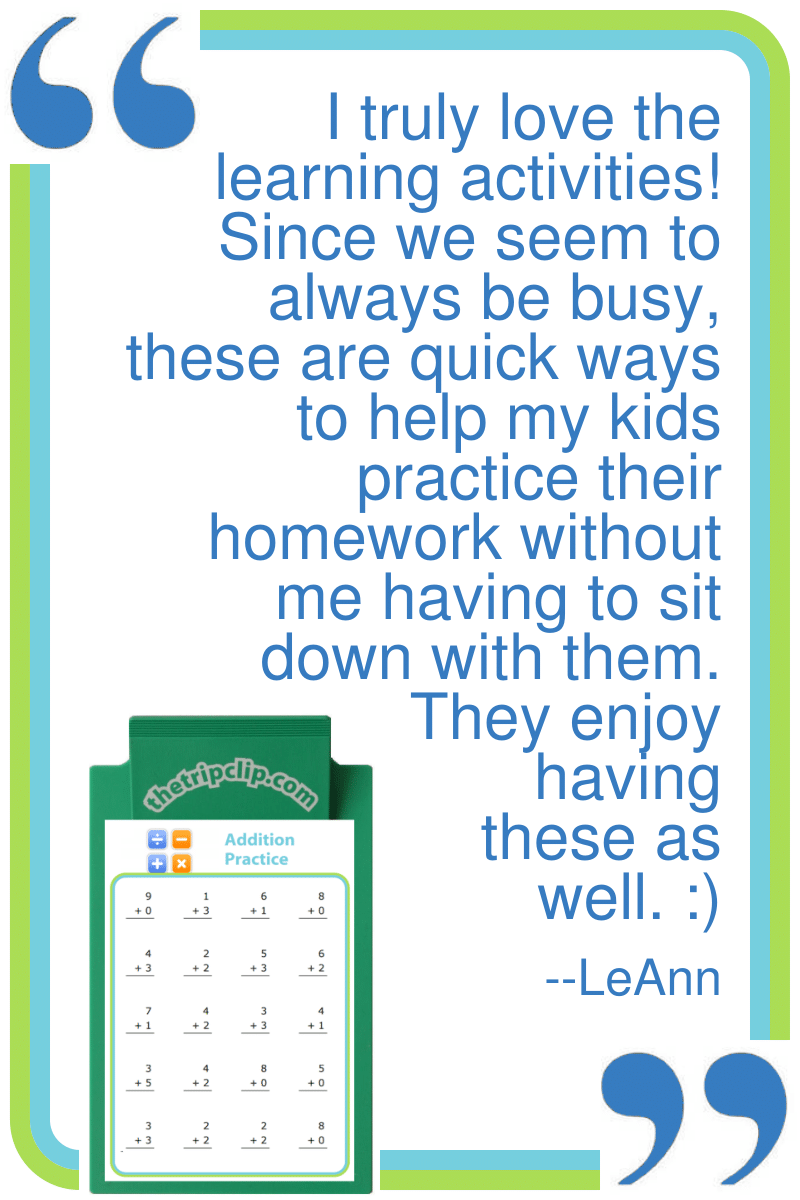 Positive review from customer (LeAnn) who uses it as a quick way for kids to practice homework.