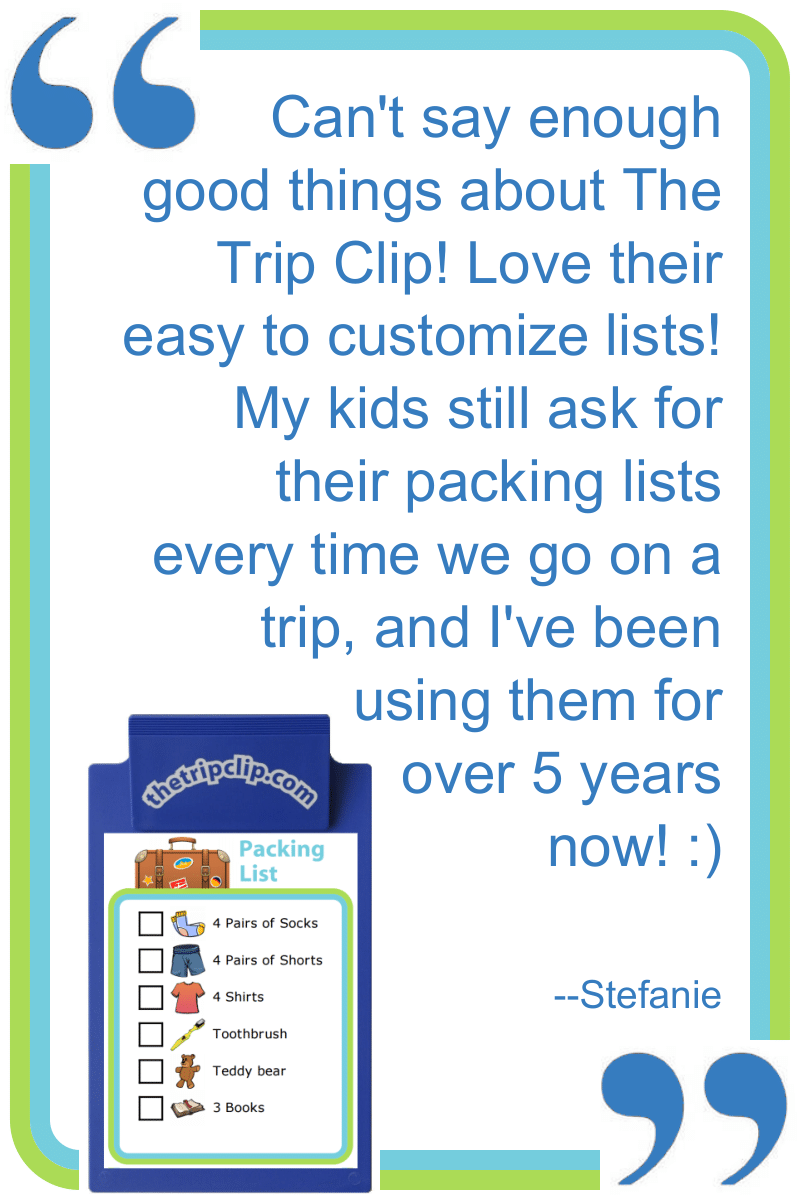 Positive review from a customer (Stefanie) who says kids still ask for packing lists after 5 years
