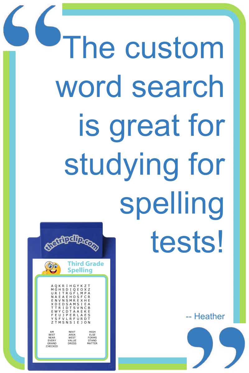 Positive review from a customer (Heather) about using word search for spelling practice