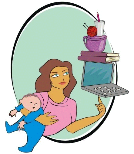 Mom holding baby in one arm and balancing a laptop and a pile of work in the other